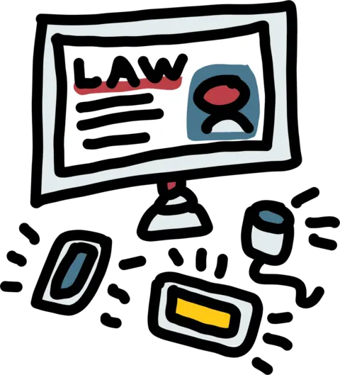 A screen showing a legal help website, with a phone, a tablet, and a mouse beside it.