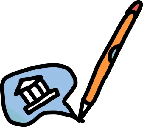 A pen drawing a speech bubble with a courthouse inside it.