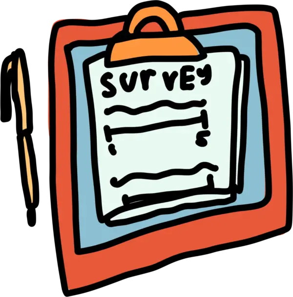 A clipboard holding a survey, with a pen beside it.